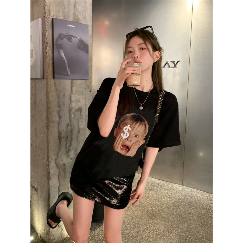 EUNII T-shirt Lengan Pendek Vintage Dollar boy Painting Printing Korean Style/Kaos Atasan Wanita/Baju Wanita/Kaos Wanita