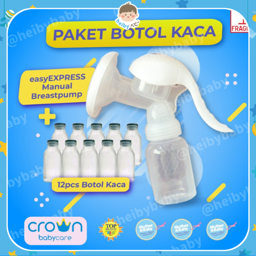 [PAKET] Crown Manual Breast Pump + Storage / Botol ASI Kaca 12 pcs
