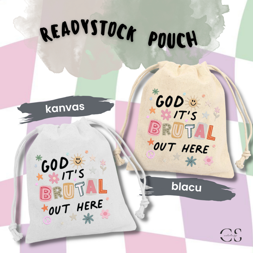 (15x20) POUCH SERUT KANVAS &amp; BLACU SATUAN GOD IT'S BRUTAL / POUCH SERUT KANVAS AESTHETIC MURAH / POUCH MAKEUP MOTIF / POUCH SERUT KPOP