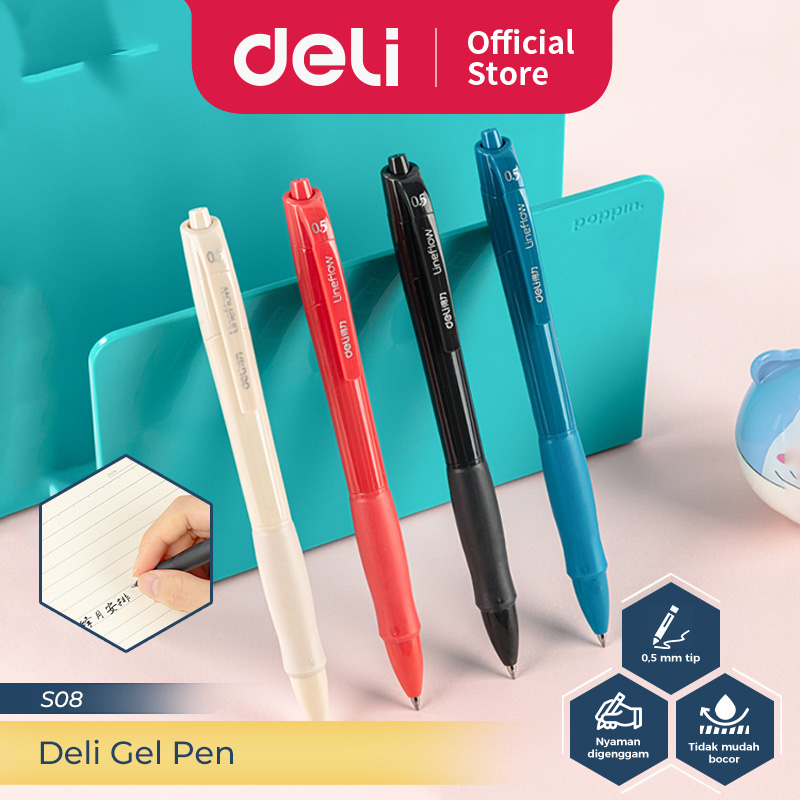 

Deli Gel Pen / Pulpen Gel Retractable Pen Cetek 0.5 mm Tinta Hitam Biru Merah 1 pcs S08