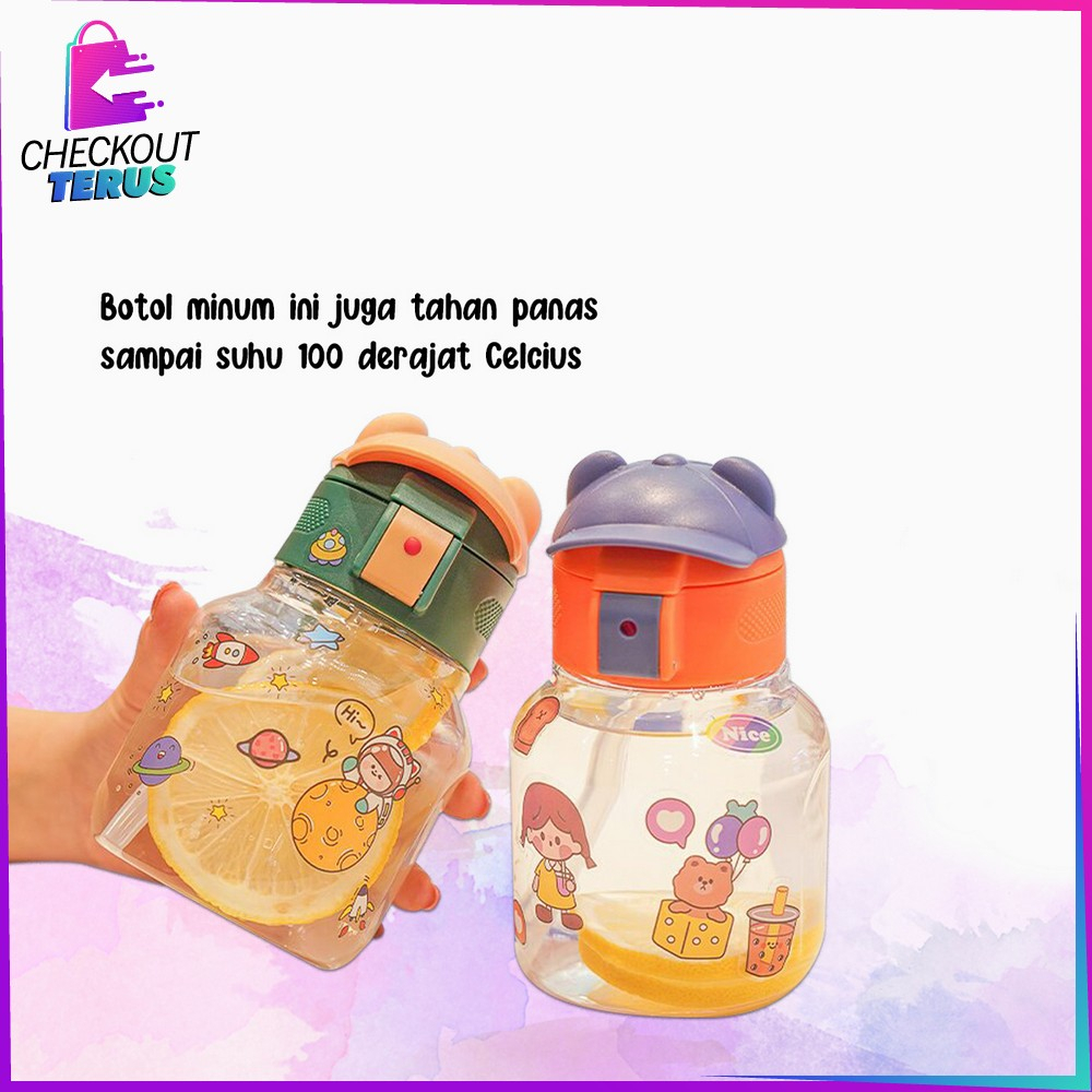 CT C827 Botol Minum Anak Karakter Motif Topi 580ML dengan Sedotan Food Grade Tempat Minum Lucu dengan Pegangan Silikon Portable