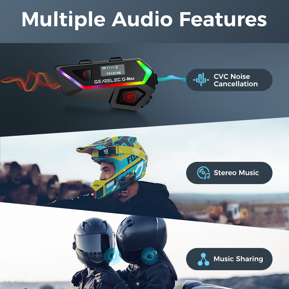 Intercom Helm GEARELEC G-Max Helm Sepeda Motor Headset Interkom Bluetooth 2000m 6 Pengendara BT 5.2 Sistem Komunikasi Nirkabel Interfon dengan Lampu Layar Pintar Music Sharing Radio FM