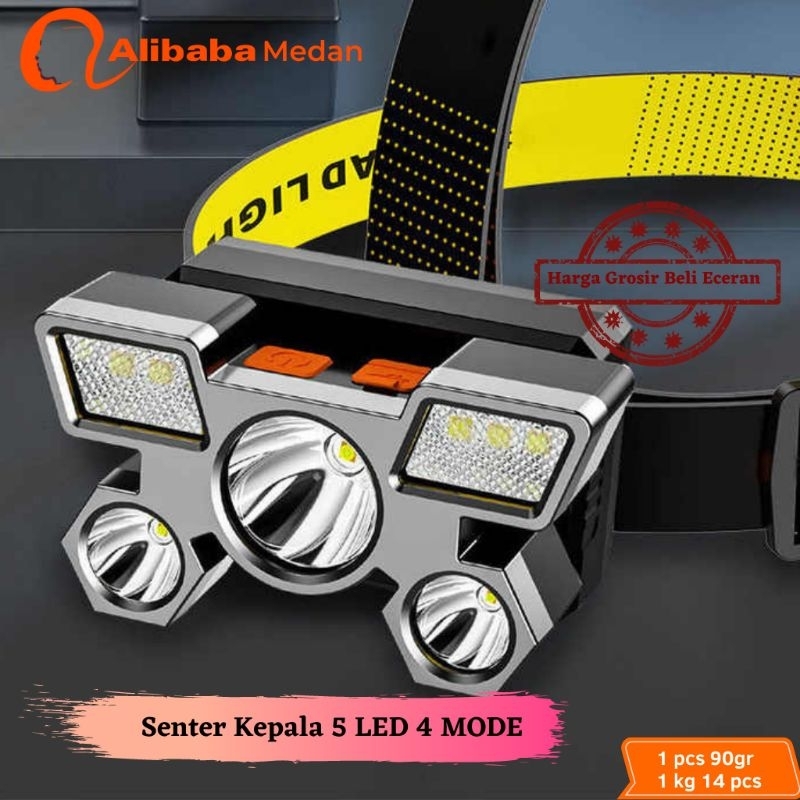Alibaba Medan Senter Kepala 5 LED 4 Mode Head Lamp Rechargeable 5 LED 4 Side Light