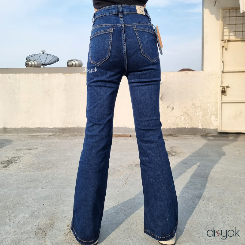 DISYAK-Cutbray Highwaist Stretch Flare Jeans Dark Blue 171-271