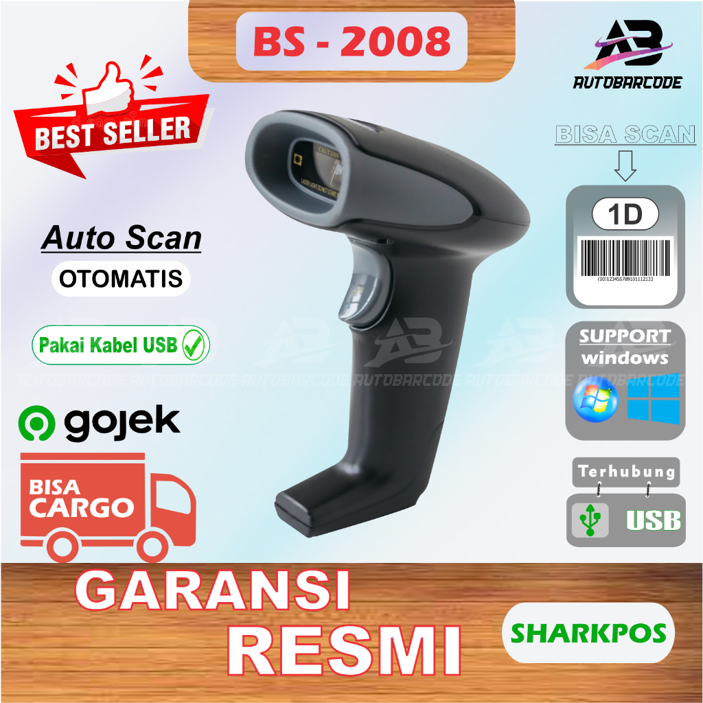 BARCODE SCANNER SHARKPOS BS 2008 / BS-2008 / BS2008 LABEL BARCODE 1D TANPA STAND