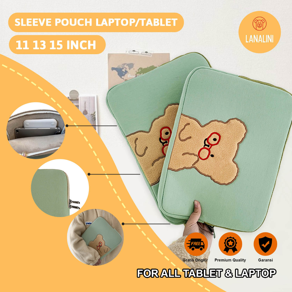 Sleeve Pouch Sarung Tas Bag Case Ipad Tab Tablet Macbook Air Pro Laptop Asus Acer Lenovo HP Huawei 11 12 13 14 15 inch Motif Gambar Beruang Bear Warna Hijau Lucu Cute Murah Korean Model