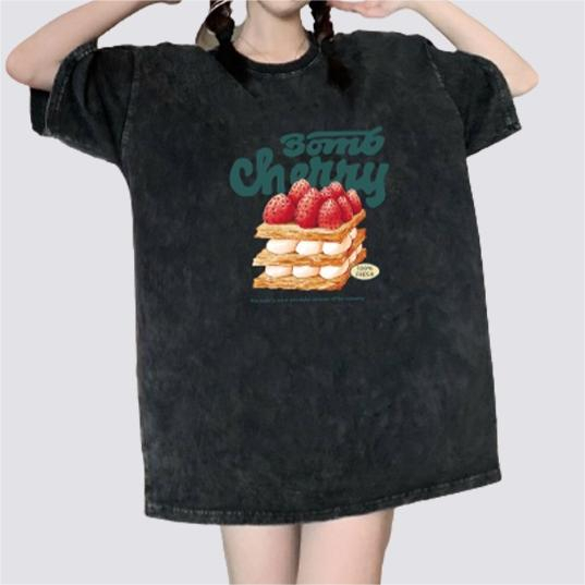 XIAOZHAINV Korean Style Cake Art Pattern Washed Printing Kaos Wanita A0267