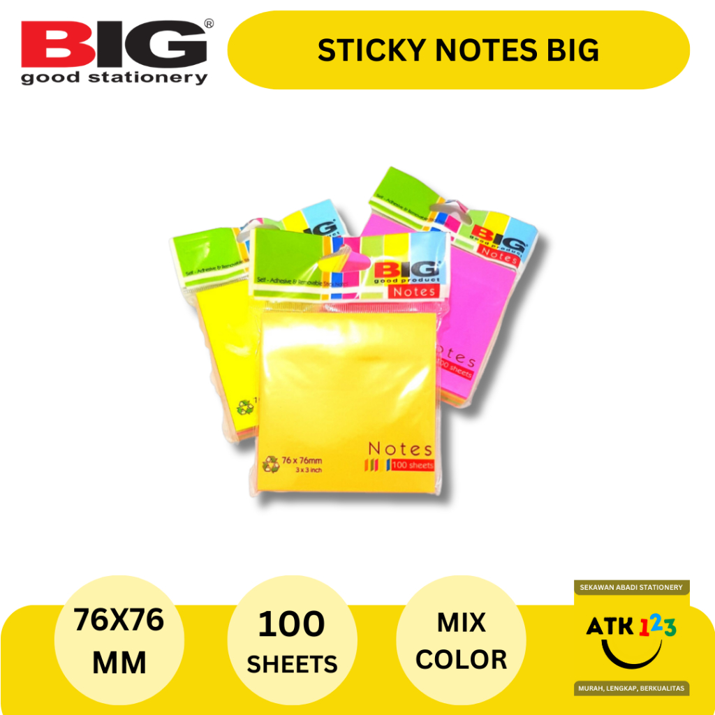 

Post It / Sticky Note / Sign Here Merk BIG Ukuran 76x76mm Warna Warni