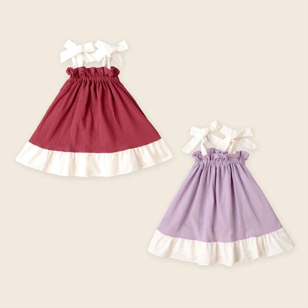 Little Folk Kate Dress - Anak Perempuan Pita Bow Baby Girl Baju Anak Balita Lucu Terusan Simple Colorblock