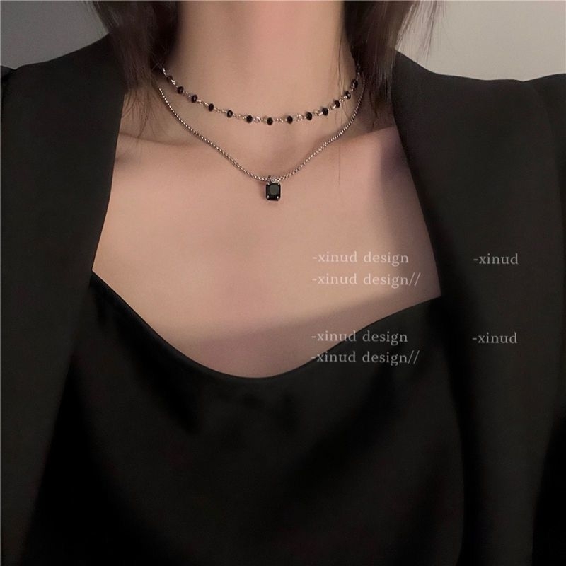 FerenHongXia Kalung Rantai Ganda Hias Kristal Berlian Warna Hitam Gaya Retno Manik Manik