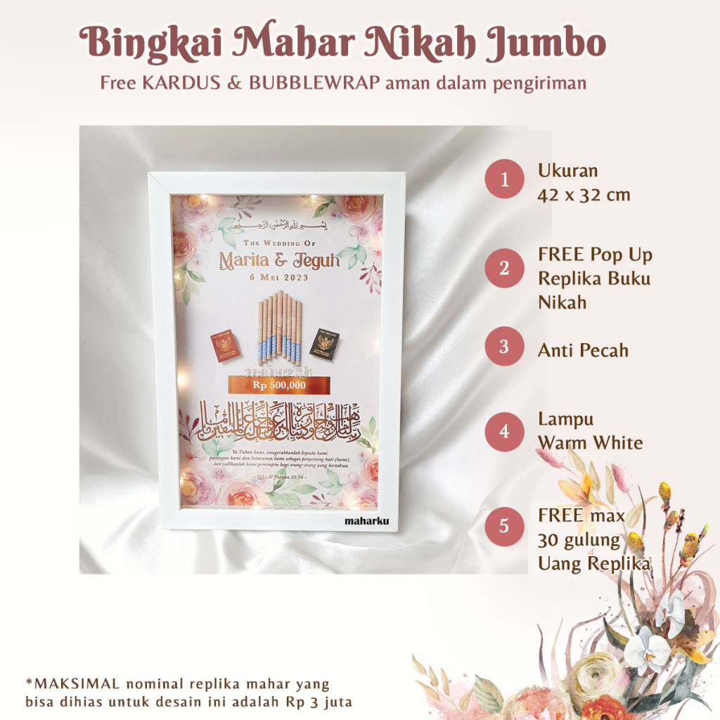 BINGKAI MAHAR PERNIKAHAN JUMBO KALIGRAFI ISLAMI POP UP REPLIKA BUKU NIKAH ANTI PECAH UKURAN 42X32 CM