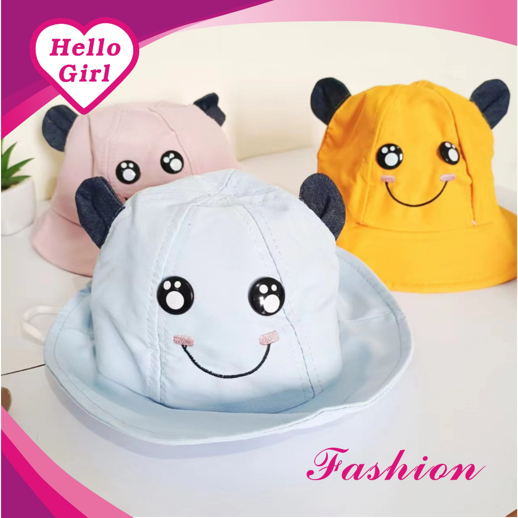 (Hello Girl)MZ40 Bucket Hat Topi Anak Balita Umur 2-6 Tahun Motif Telinga Smile Import