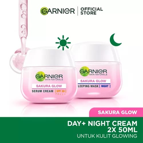 (Dapat 2 Pcs) Garnier Sakura GLOW White HYALURON Day + Night Cream - Krim Pagi/Siang Malam Skincare Wajah Glowing