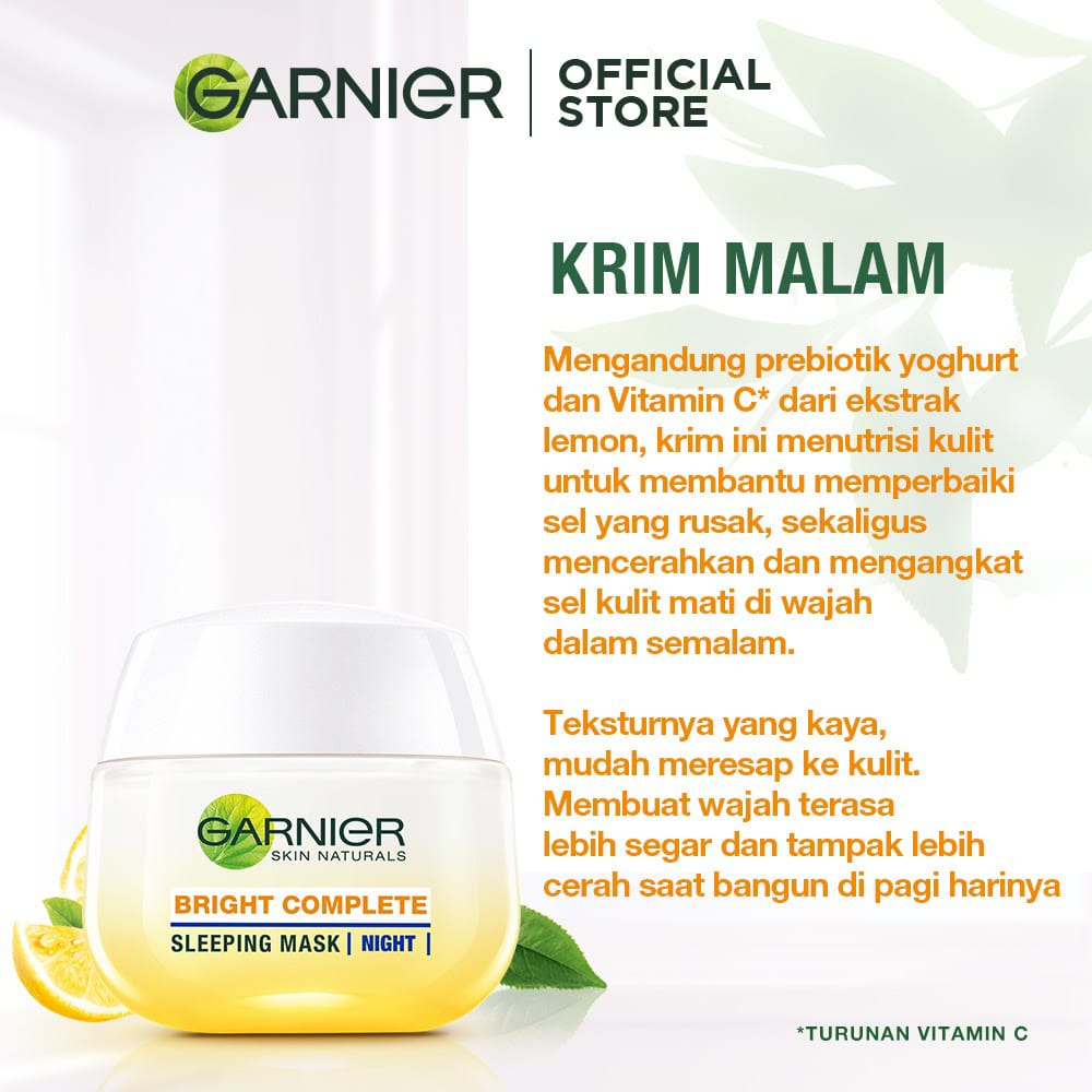 (Night Cream) GARNIER BRIGHT Light Complete Night Yoghurt White Sleeping Mask 50 ml / 20 ml Kuning - Krim Masker Wajah Malam Ukuran Besar / Kecil