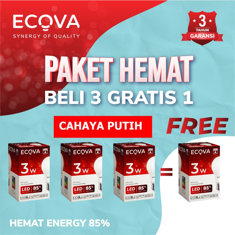 cahaya PUTIH PAKET HEMAT 4 PCS Lampu LED 3 Watt ECOVA GARANSI 3TAHUN
