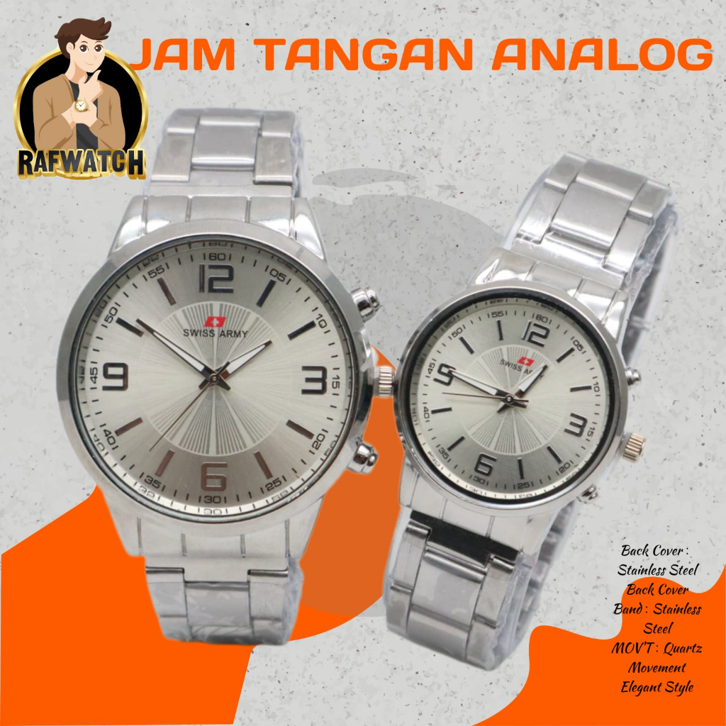 Jam Tangan Pasangan Pria Wanita Analog Casual Rantai Stainless Silver Hitam RPA12