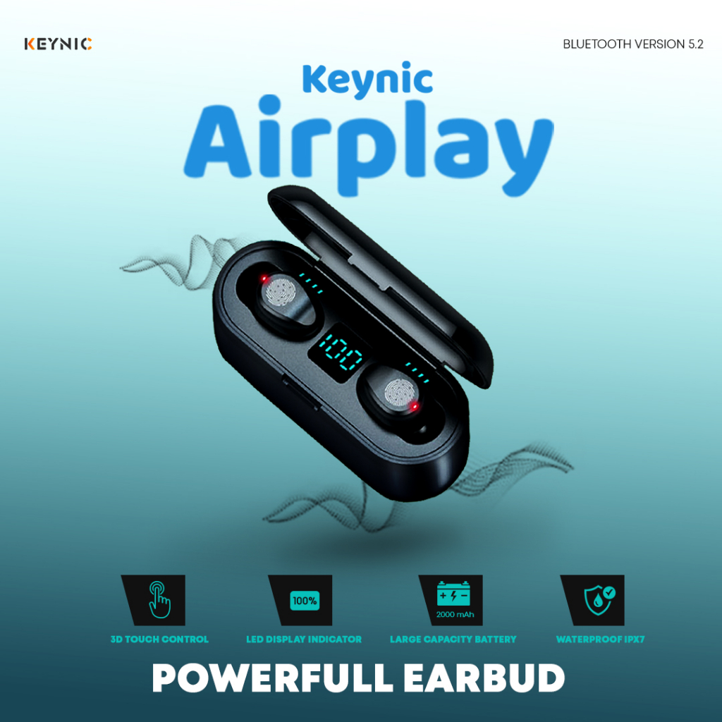 Keynic AIRPLAY Powerfull Earbuds bluetooth with mini Power Bank Garansi 1 Tahun