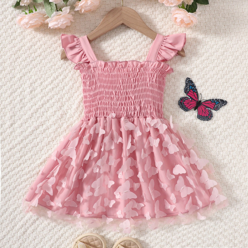 Dress Anak Perempuan Tanpa lengan Motif Tile 3D Kupu-Kupu