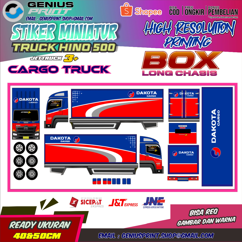 STIKER MINIATUR TRUK HINO 500 BOX LONG CHASIS (Cargo Truck) Uk. 40&50cm