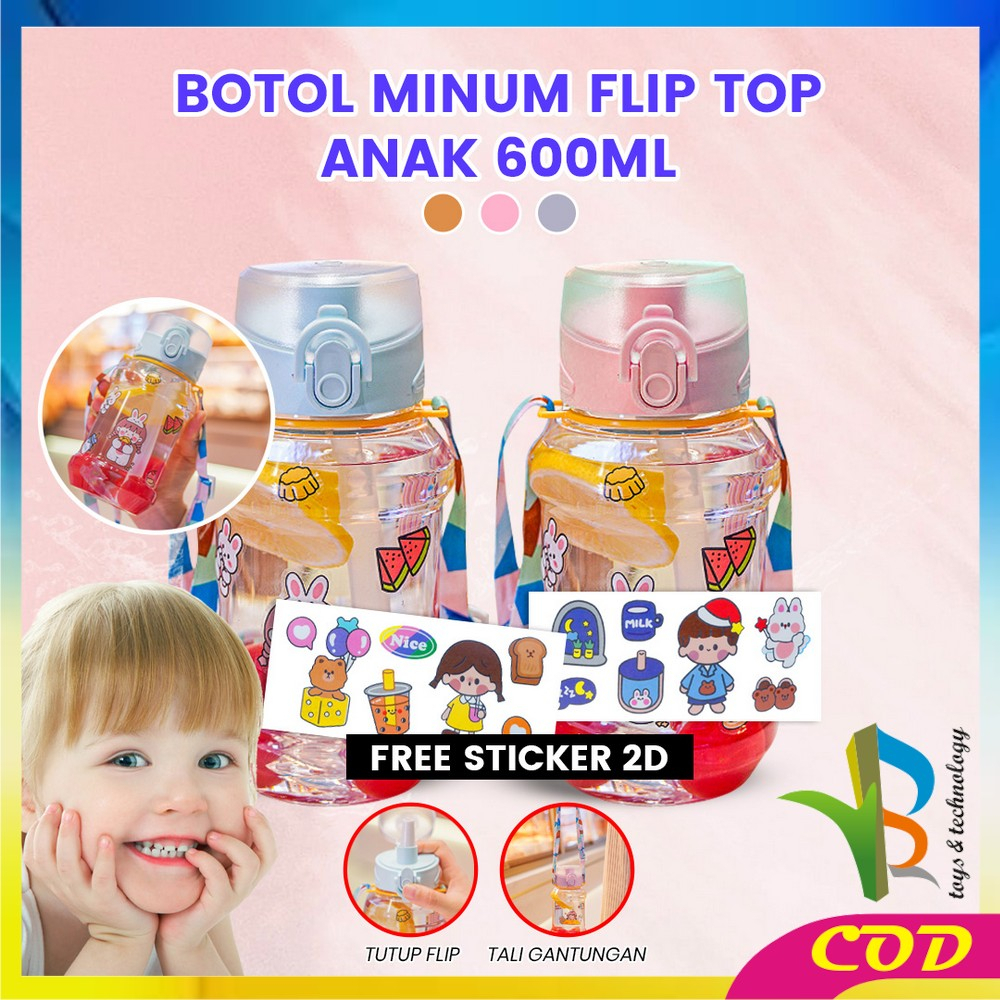 RB-C830 Botol Air Minum 600ML FREE Tali Botol Minum Flip Top Anak BPA FREE / Botol Minum Anak Sedotan Anti Pecah Anti Tumpah