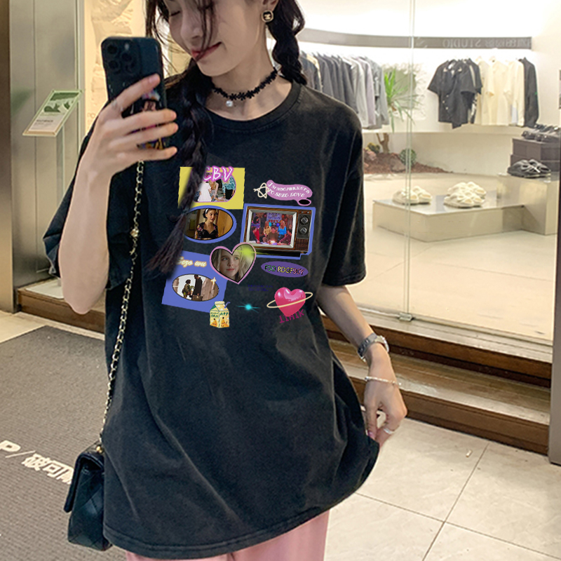 Print Washed T-shirt Kaos Lengan Pendek Oversize Retro CD Player Korean Style Atasan Wanita