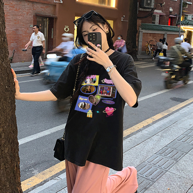 Print Washed T-shirt Kaos Lengan Pendek Oversize Retro CD Player Korean Style Atasan Wanita