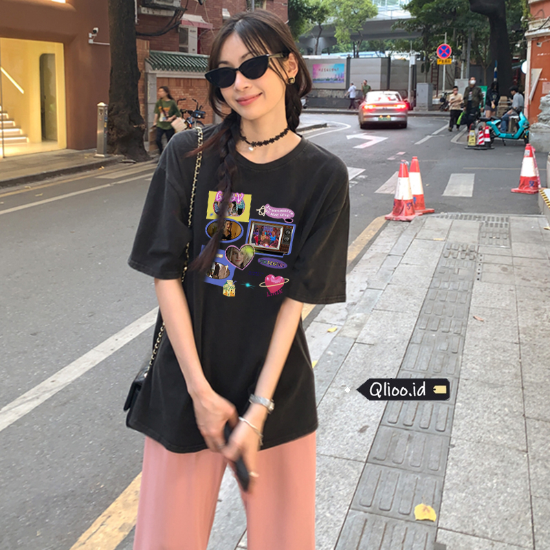 Print Washed T-shirt Kaos Lengan Pendek Oversize Retro CD Player Korean Style Atasan Wanita