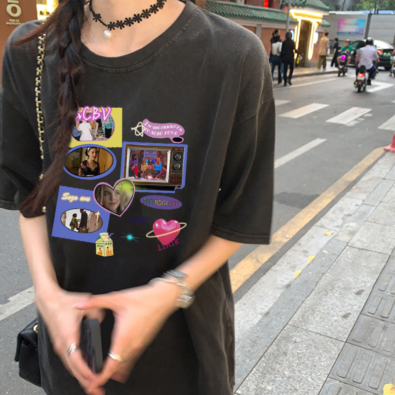 Print Washed T-shirt Kaos Lengan Pendek Oversize Retro CD Player Korean Style Atasan Wanita