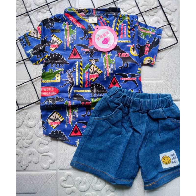 [0-4 Tahun] SETELAN KEMEJA IMPORT CELANA JEANS PENDEK BAJU ANAK LAKI DINO ROBOT TREX DINOSAURUS BAYI COWOK KARAKTER KARTUN / SETELAN KEMEJA ANAK LAKI LAKI TERMURAH TERLARIS