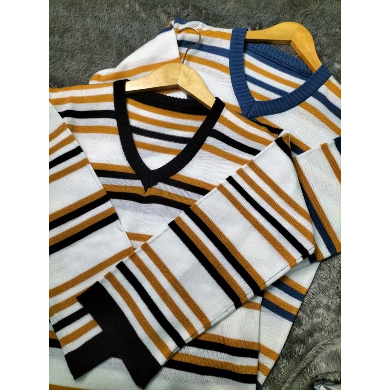 KABITA STRIPED / Sweater Rajut Wanita Over Size V-NECK / Size L,XL,XXL