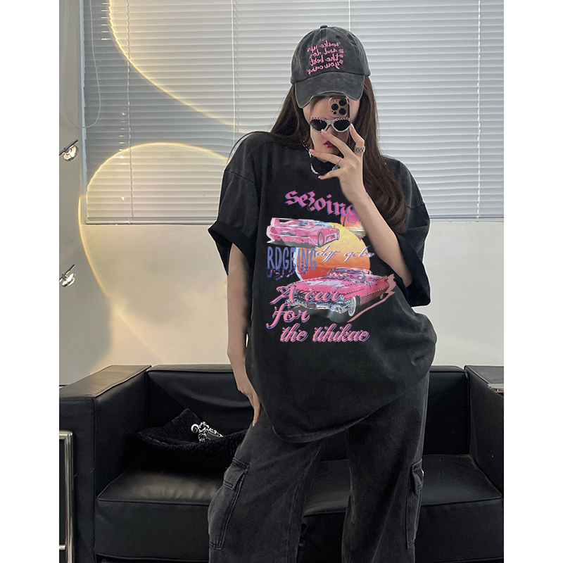 EUNII T-shirt Lengan Pendek Black Washed Retro Cartoon Pink Car Printing Korean Style/Kaos Atasan Wanita/Baju Wanita/Kaos Wanita