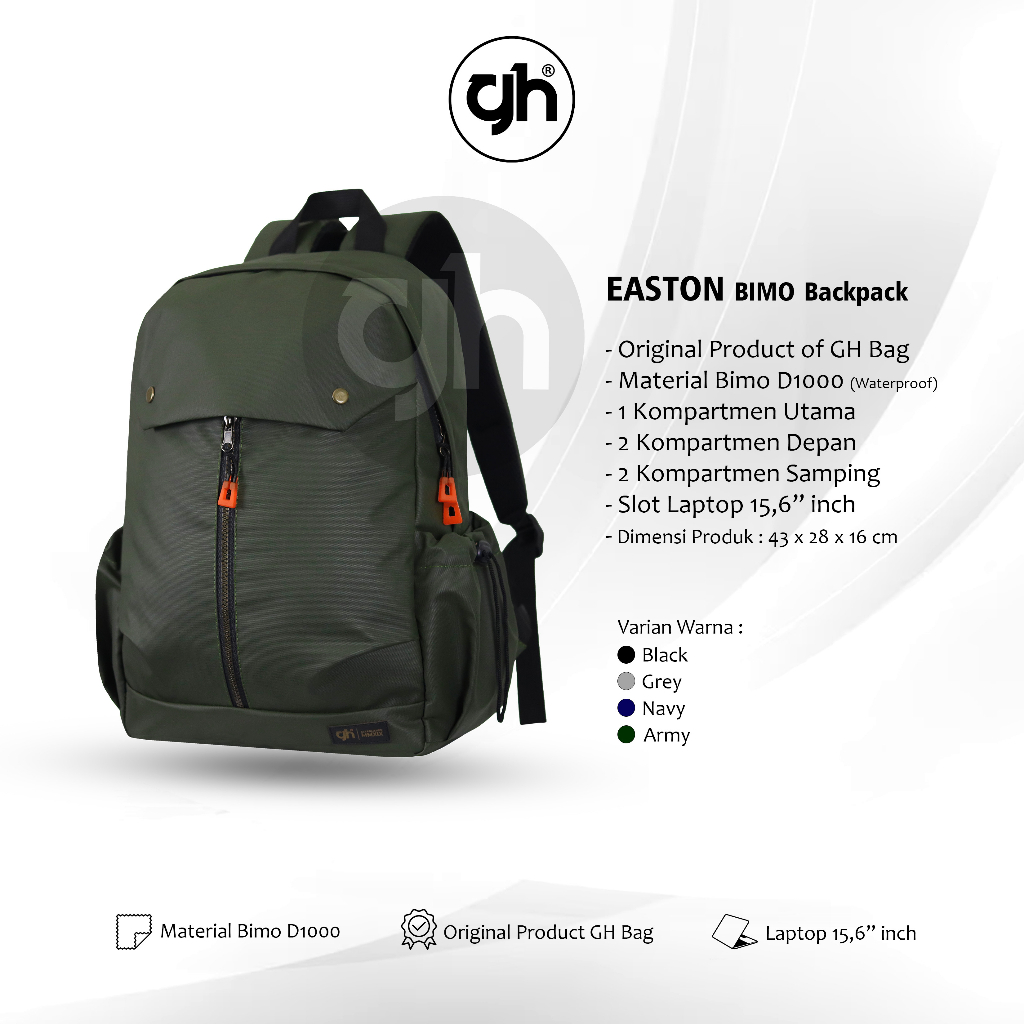 GH-Bag Tas Ransel Sekolah Waterproof Tas Laptop up to 15 Inch Tas Kuliah Tas Kerja EASTON Backpack