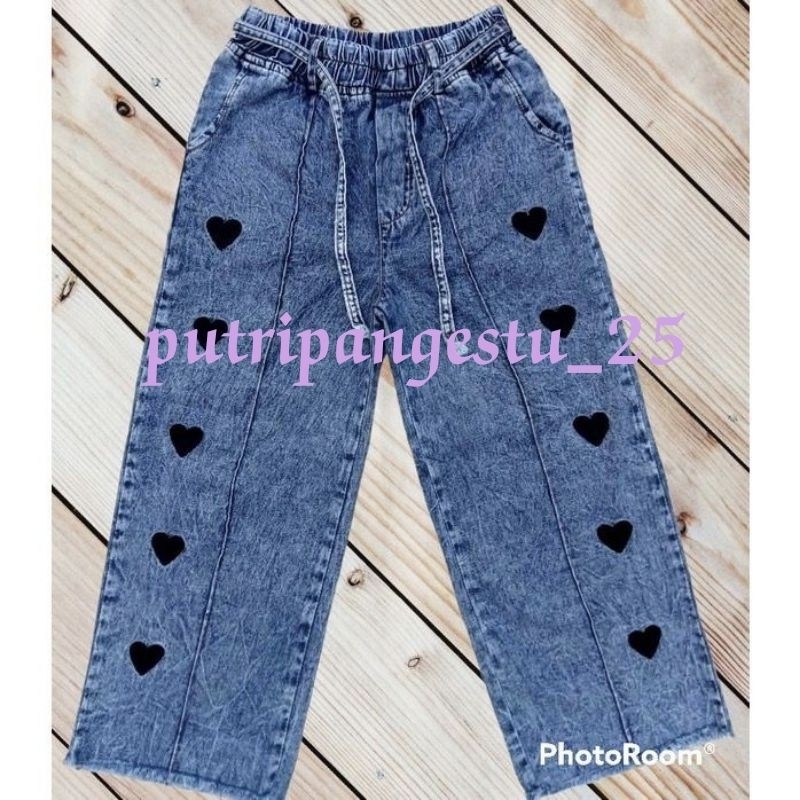 celana jeans anak motif love // celana anak perempuan 7-8 tahun 9-11 tahun 12-13 tahun dan 14-15 tahun // kulot love rawis anak