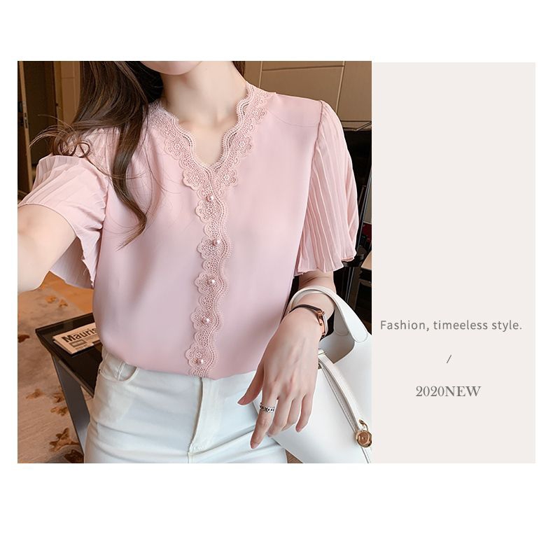 Blouse wanita warna pink model kerah gelombang bermotif sifon Korea lengan pendek elegant