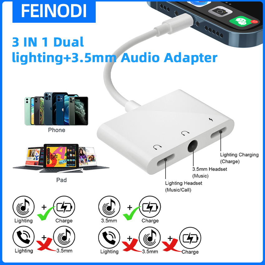 FEINODI ligh-ting to 3.5mm headphone jack adapter/splitter, Phone to aux audio cable connector dengan charging port, pad to microphone converter Kompatibel dengan 14/13/12/11/X/ 8 7