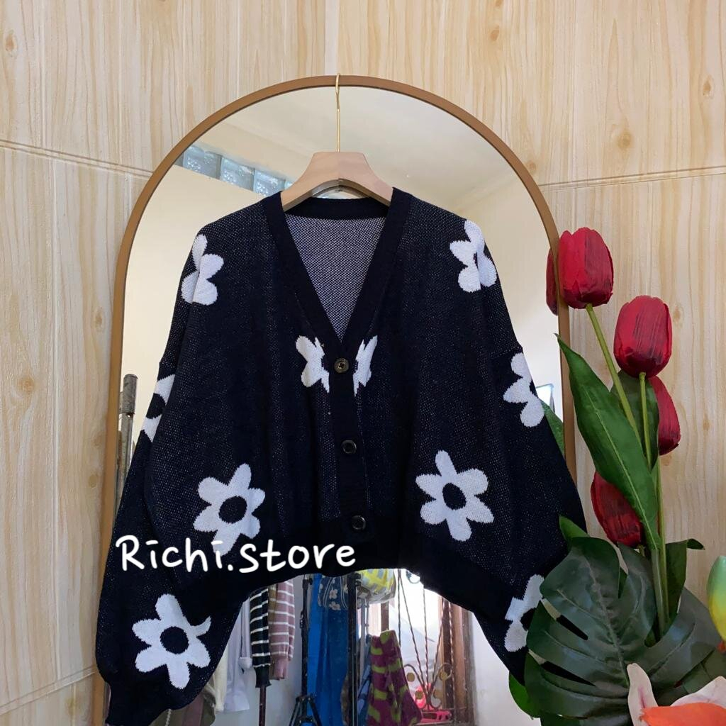 NADYA CROP CARDIGAN OVERSIZE RAJUT WANITA MOTIF BUNGA FULL KANCING