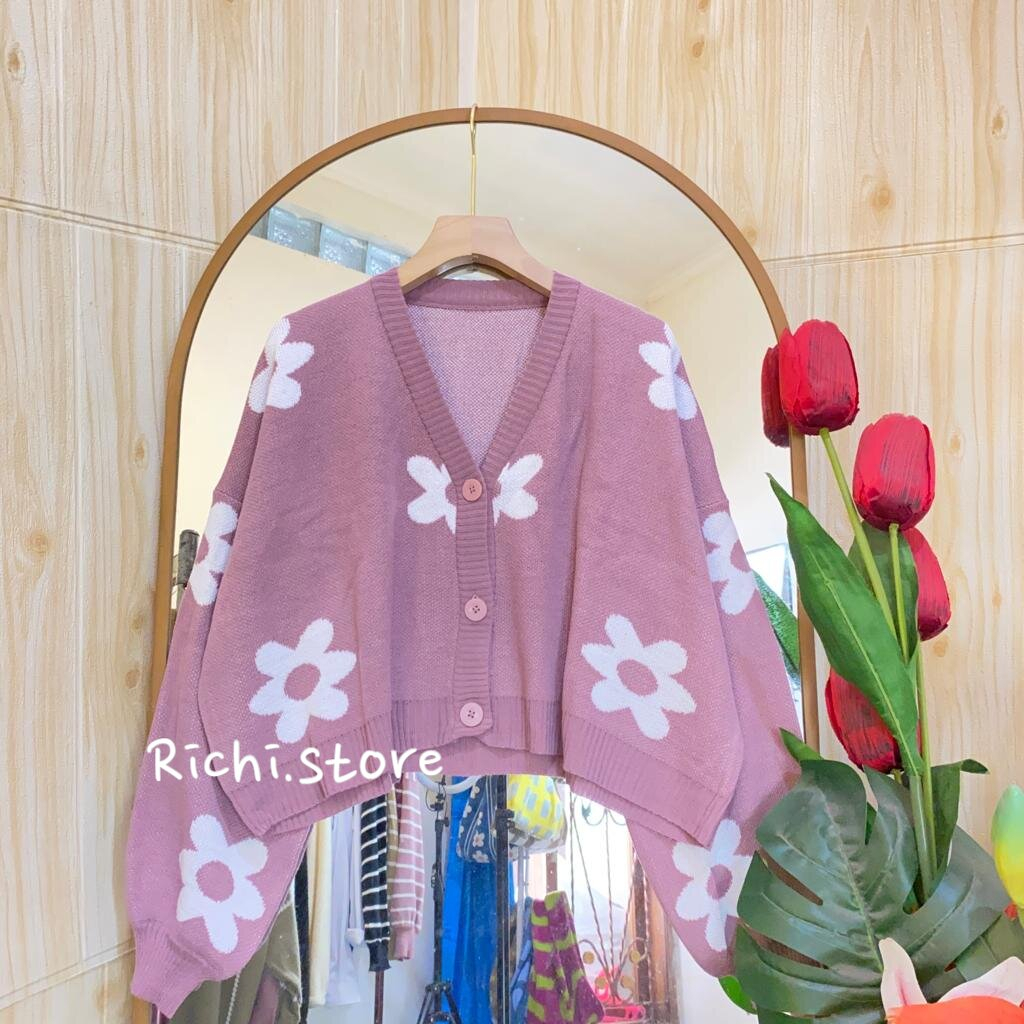 NADYA CROP CARDIGAN OVERSIZE RAJUT WANITA MOTIF BUNGA FULL KANCING