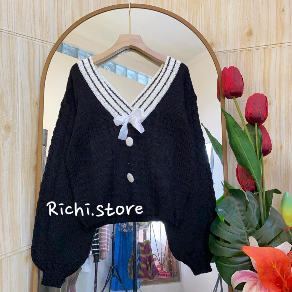 AURA BLOUSE WANITA RAJUT V-NECK LENGAN BALON DENGAN PITA DAN KANCING