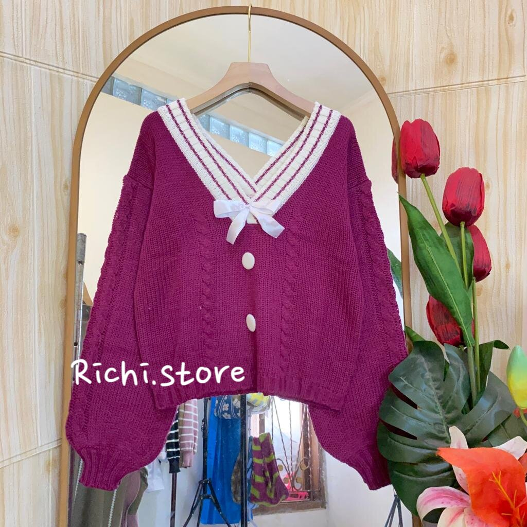 AURA BLOUSE WANITA RAJUT V-NECK LENGAN BALON DENGAN PITA DAN KANCING