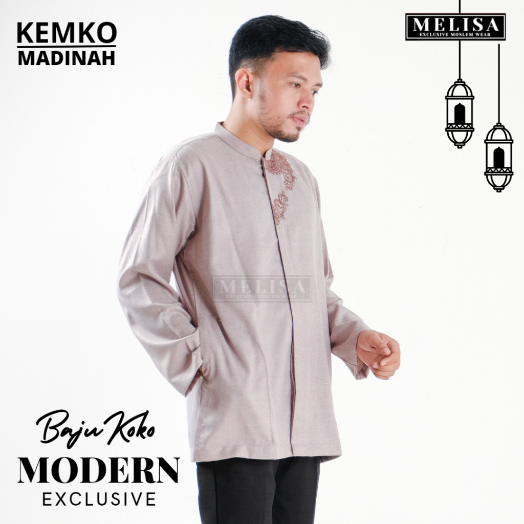 Baju Koko Pria Dewasa Katun Madinah Bordir Lengan Panjang Baju Muslim Remaja Laki Laki Ukuran M L XL - Coklat Susu