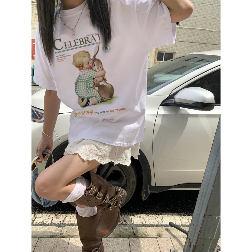 EUNII T-shirt Lengan Pendek Cartoon Boy Bunny Korean Style/Kaos Atasan Wanita/Baju Kaus Oversize Wanita/Kaos Wanita