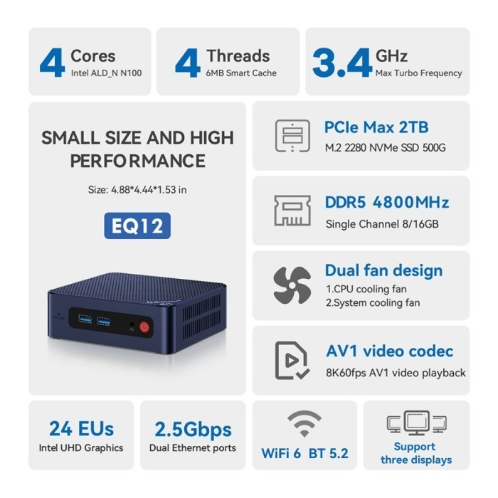Mini Pc Beelink EQ12 N100 Intel Alderlake 16/500GB NVMe Windows 11 Pro