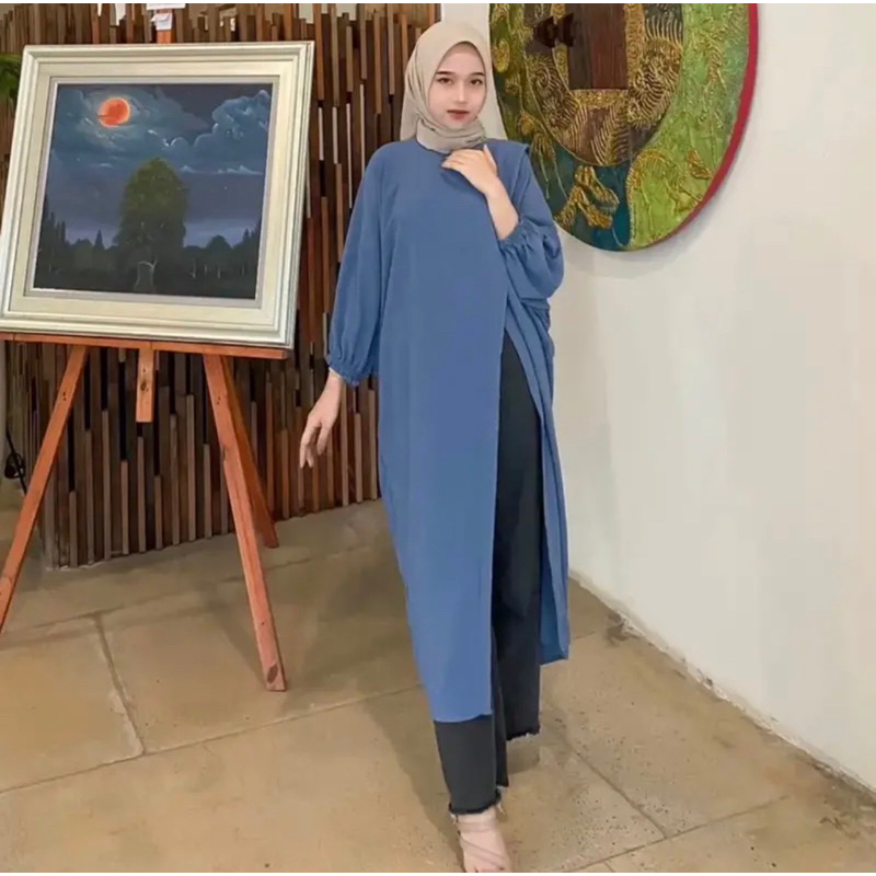 Salsa Long Tunik Belah Depan Atasan Wanita Oversize Bahan Crinkle Airflow Lengan Panjang OOTD Remaja Terbaru 2023