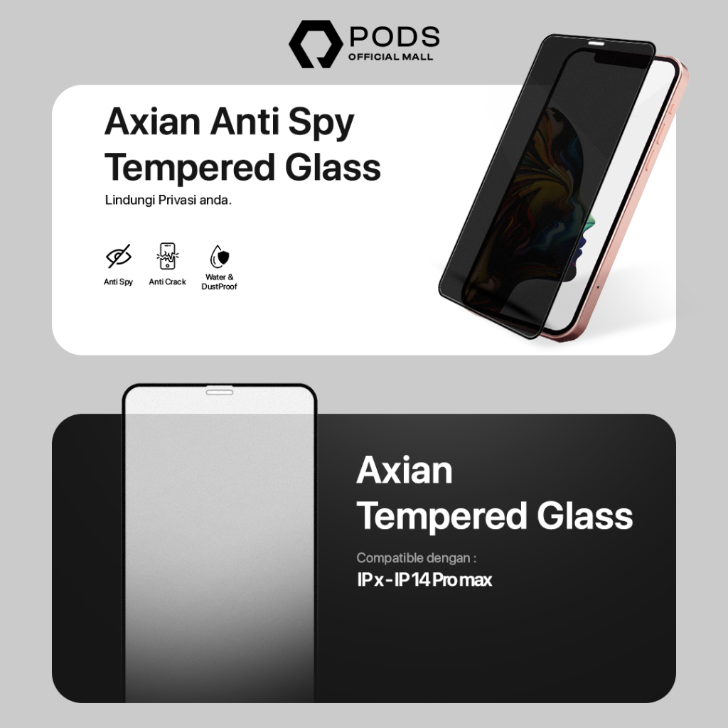 [TERMURAH!] Tempered Glass Axian x Pods Indonesia iPhone - X XR XS 11 12 13 14 Pro Max I Anti Gores &amp; Anti Spy I Screen Guard