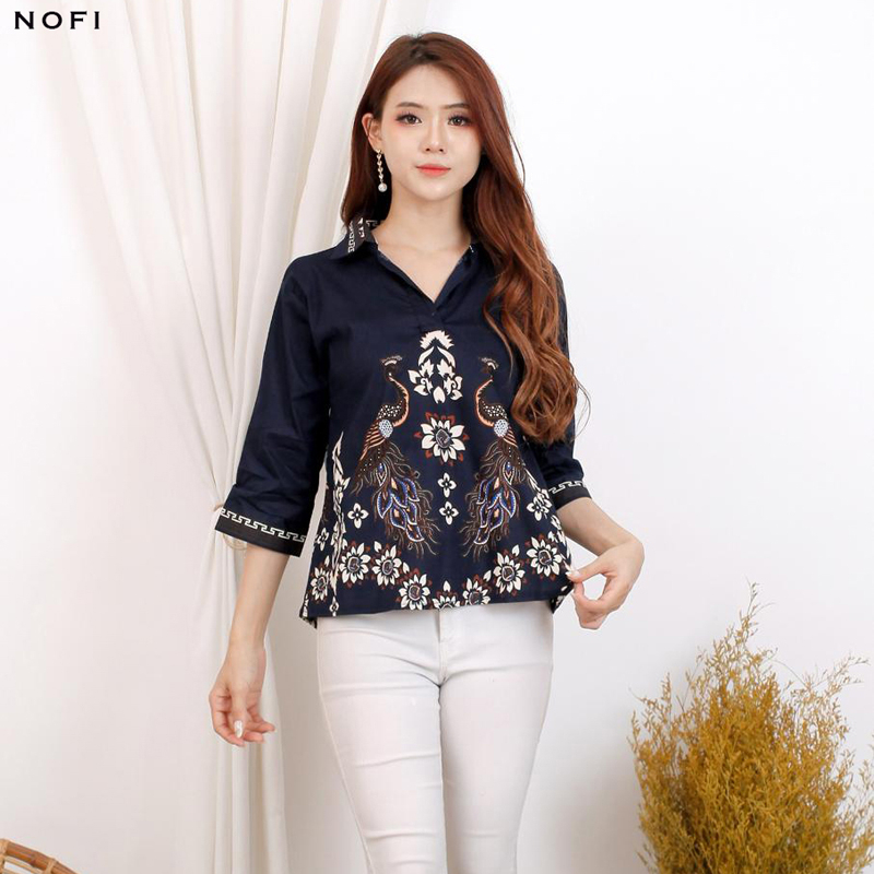 Evercloth Nofi Blouse Wanita Atasan Wanita Batik Couple Top Couple Batik Kemeja Dasi