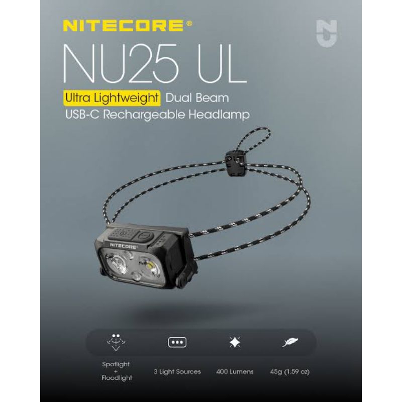 Lampu Senter Kepala Cas Ulang Kemping Headlamp Rechargeable NITECORE NU25 UL 400 Lumens