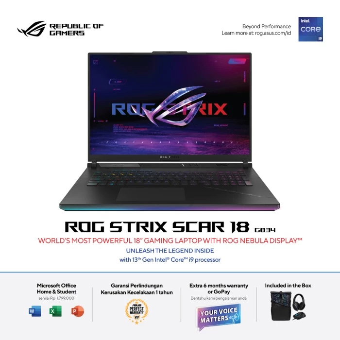 Laptop Gaming Asus Rog STRIX SCAR G834JY I949C6T-O RTX4090 16GB I9 13980HX 32GB 2TBSSD W11 OHS2021 18.0 QHD+