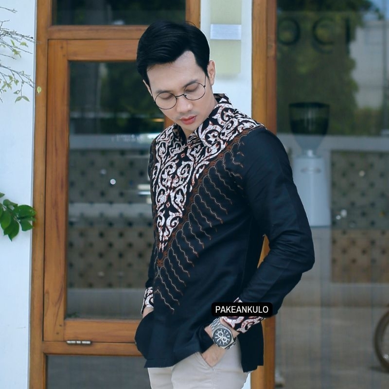 BATIK UWAIS Motif Jubah Emas Kemeja Baju Batik Pria Lengan Panjang Lapis Furing Hem Atasan