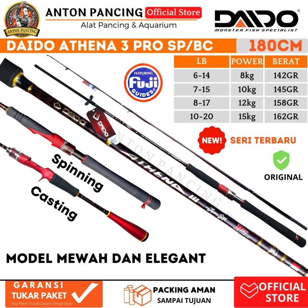 New Joran Pancing Daido Athena 3 Pro Series Spinning/Casting New Fuji Carbon Solid 180 cm 4-12 lb