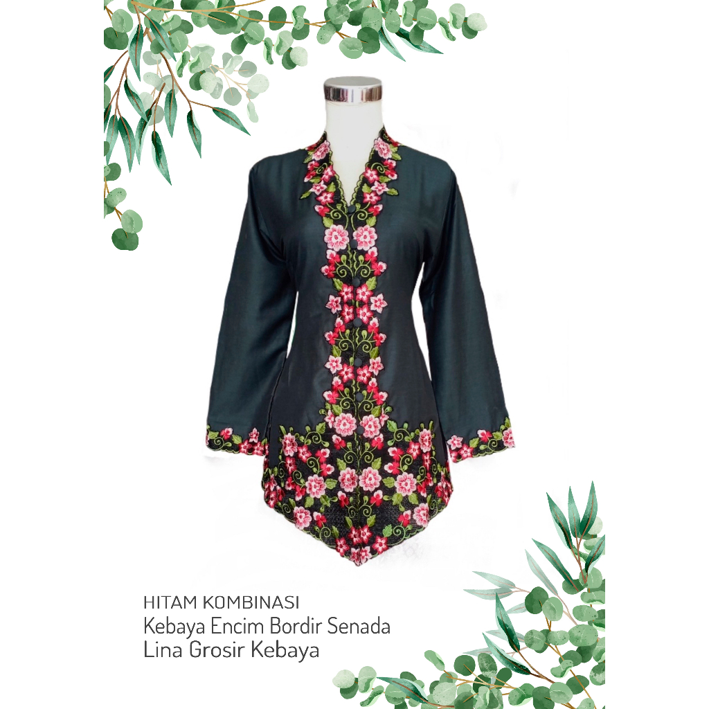 Kebaya Encim Kartini Katun Bordir Hitam Kombinasi Lengan Panjang